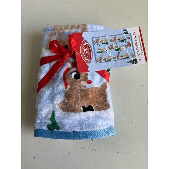 2 Pack Rudolph The Red Nosed Reindeer Bath Hand Towels Holiday Christmas NEW - Picture 1 of 11
